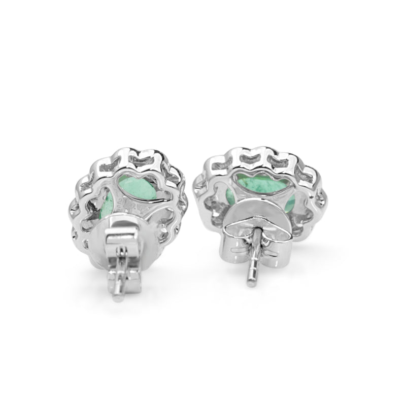 18ct White Gold Emerald and Diamond Daisy Style Stud Earrings