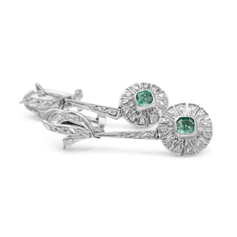 Palladium Art Deco Emerald and Diamond Drop Earrings