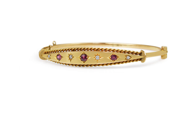 9ct Rose Gold Antique Ruby and Old Cut Diamond Bangle