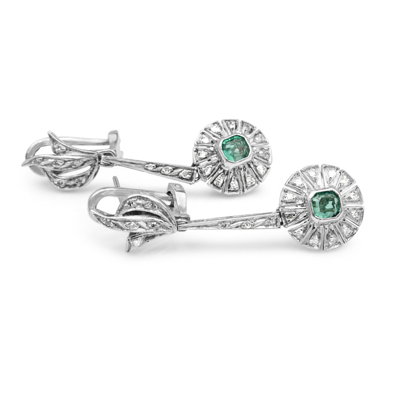 Palladium Art Deco Emerald and Diamond Drop Earrings