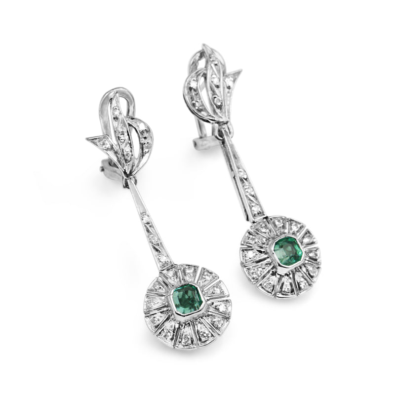 Palladium Art Deco Emerald and Diamond Drop Earrings