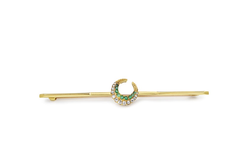 18ct Yellow Gold Antique Emerald and Old Cut Diamond Crescent Brooch