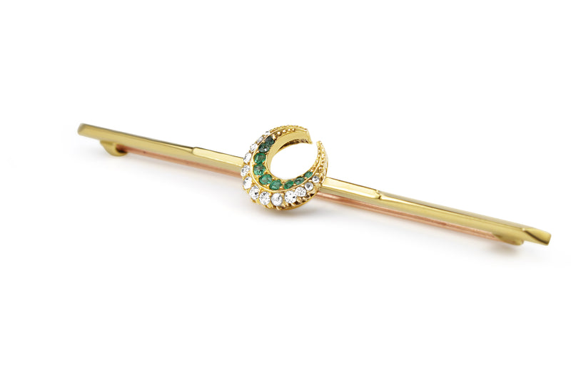 18ct Yellow Gold Antique Emerald and Old Cut Diamond Crescent Brooch