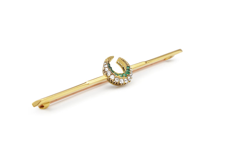 18ct Yellow Gold Antique Emerald and Old Cut Diamond Crescent Brooch