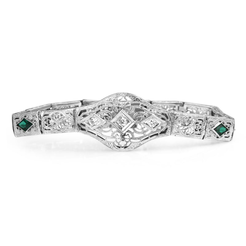 10ct White Gold Synthetic Emerald and Old Cut Diamond Art Deco Bracelet