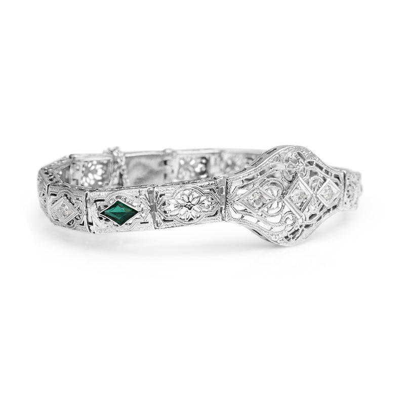 10ct White Gold Synthetic Emerald and Old Cut Diamond Art Deco Bracelet