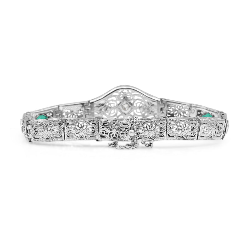 10ct White Gold Synthetic Emerald and Old Cut Diamond Art Deco Bracelet