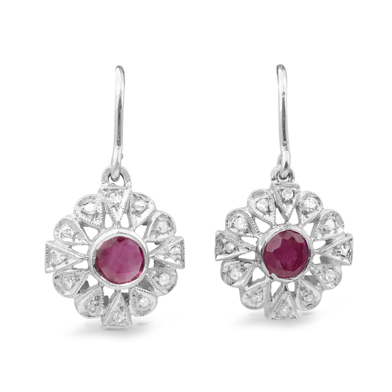 Palladium Art Deco Ruby and Diamond Earrings