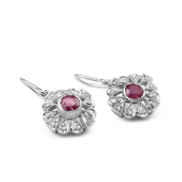 Palladium Art Deco Ruby and Diamond Earrings