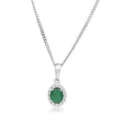9ct White Gold Emerald and Diamond Halo Necklace