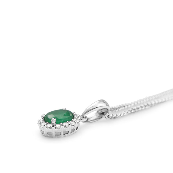 9ct White Gold Emerald and Diamond Halo Necklace