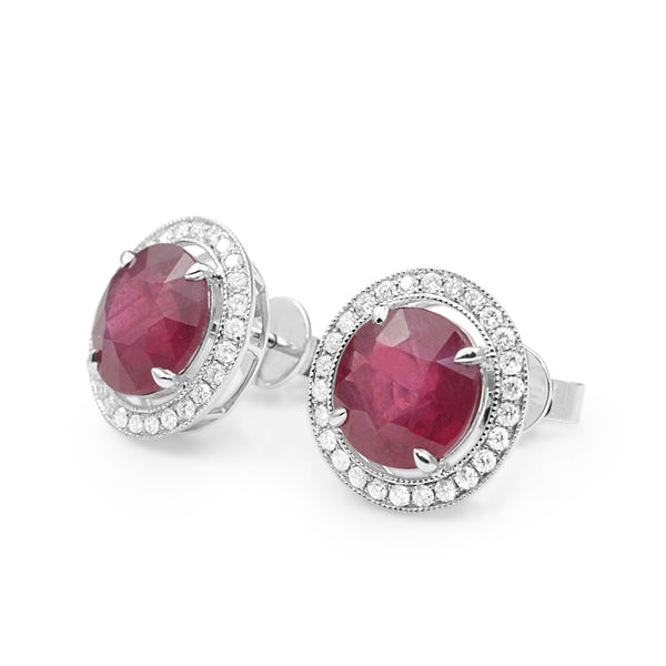 18ct White Gold Treated Ruby and Diamond Halo Earrings