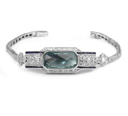 Platinum and Palladium Art Deco Aquamarine, Sapphire and Single Cut Diamond Bracelet