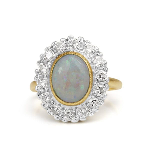 14ct Yellow and White Gold Opal and Diamond Vintage Halo Ring