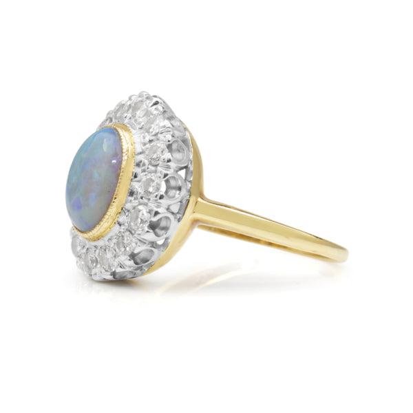 14ct Yellow and White Gold Opal and Diamond Vintage Halo Ring