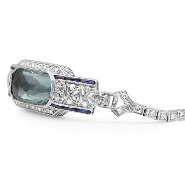 Platinum and Palladium Art Deco Aquamarine, Sapphire and Single Cut Diamond Bracelet