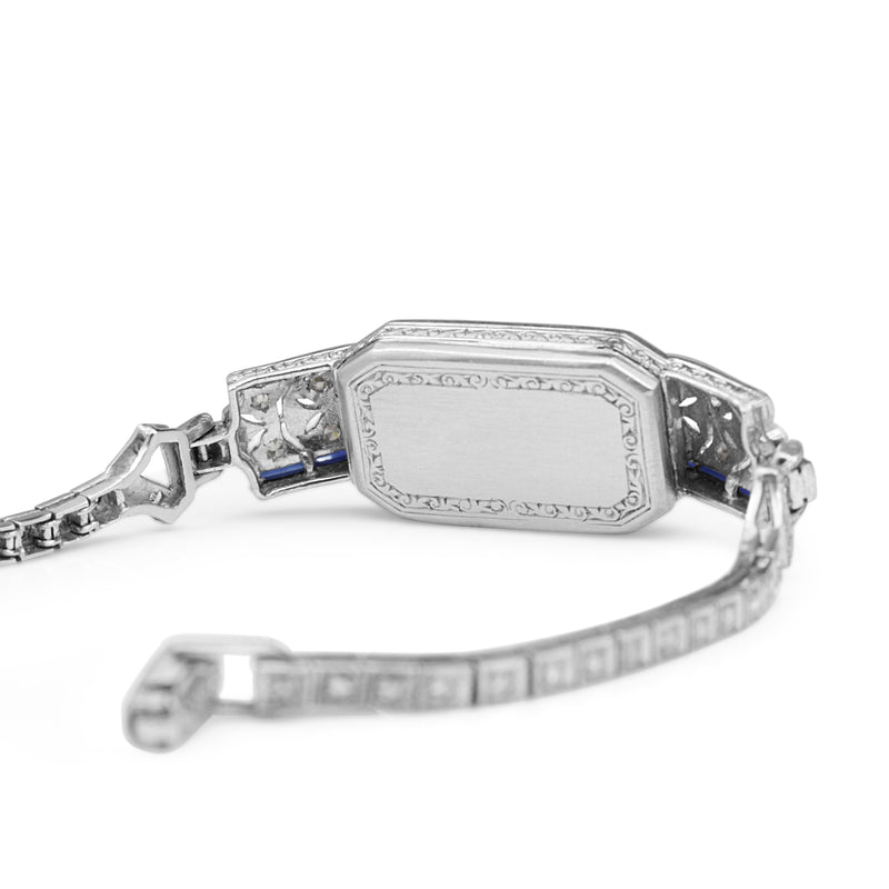 Platinum and Palladium Art Deco Aquamarine, Sapphire and Single Cut Diamond Bracelet