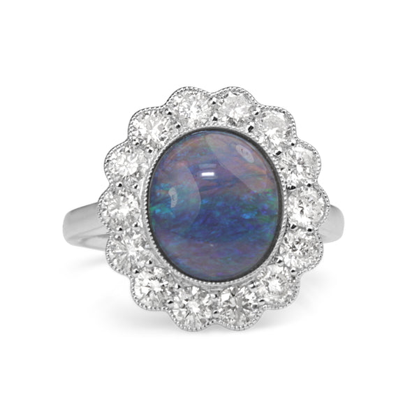 18ct White Gold Black Opal and Diamond Daisy Ring