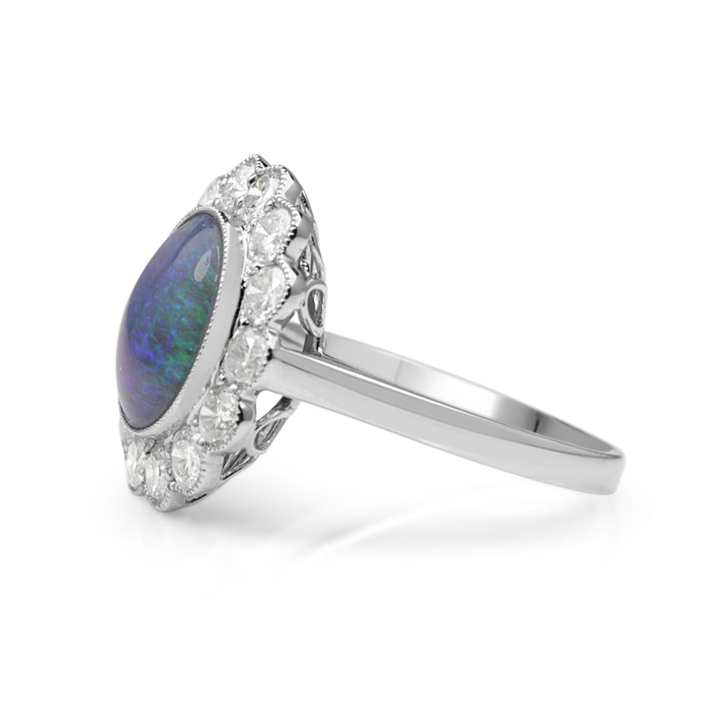 18ct White Gold Black Opal and Diamond Daisy Ring