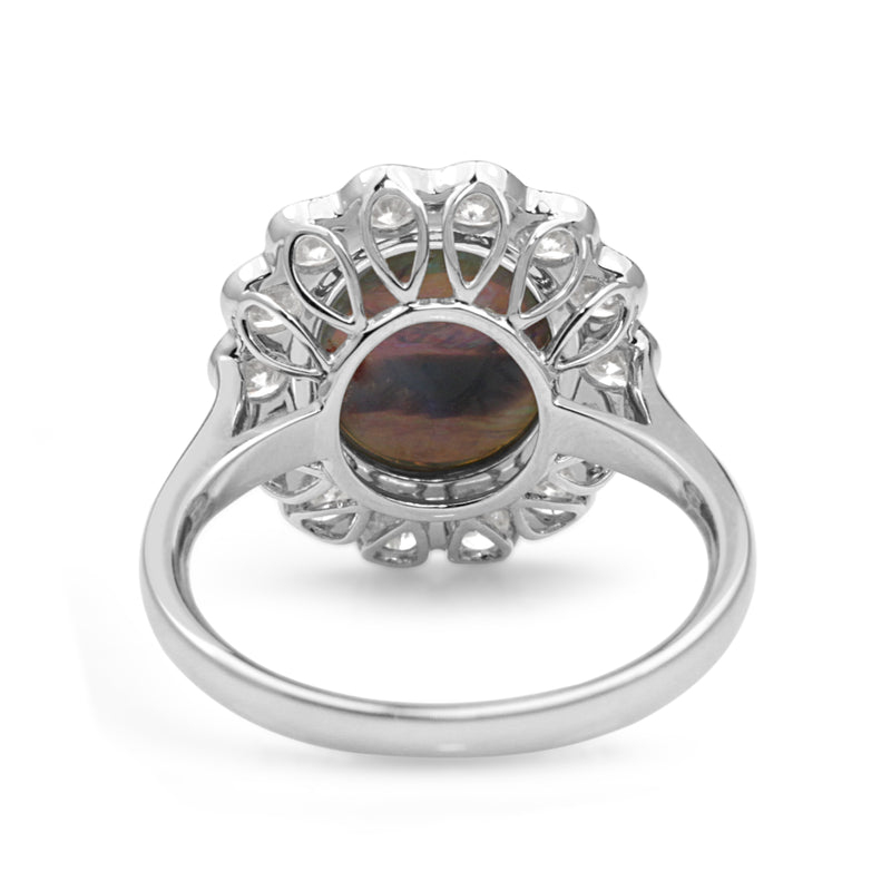 18ct White Gold Black Opal and Diamond Daisy Ring