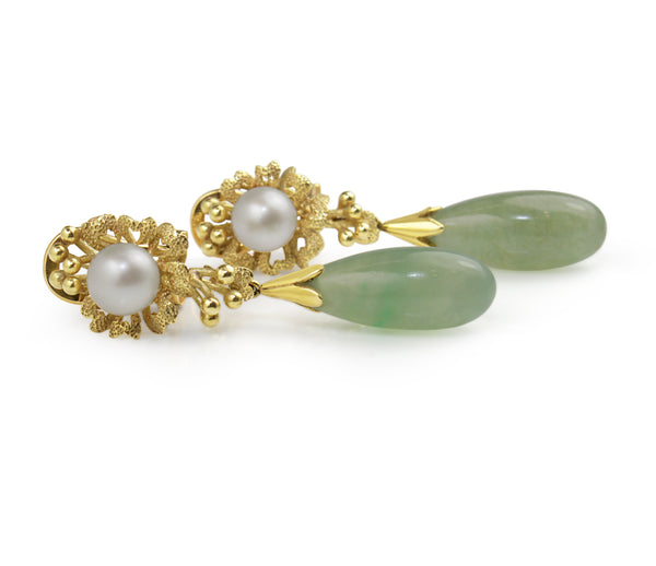 14ct Yellow Gold Jade and Pearl Drop Earrings