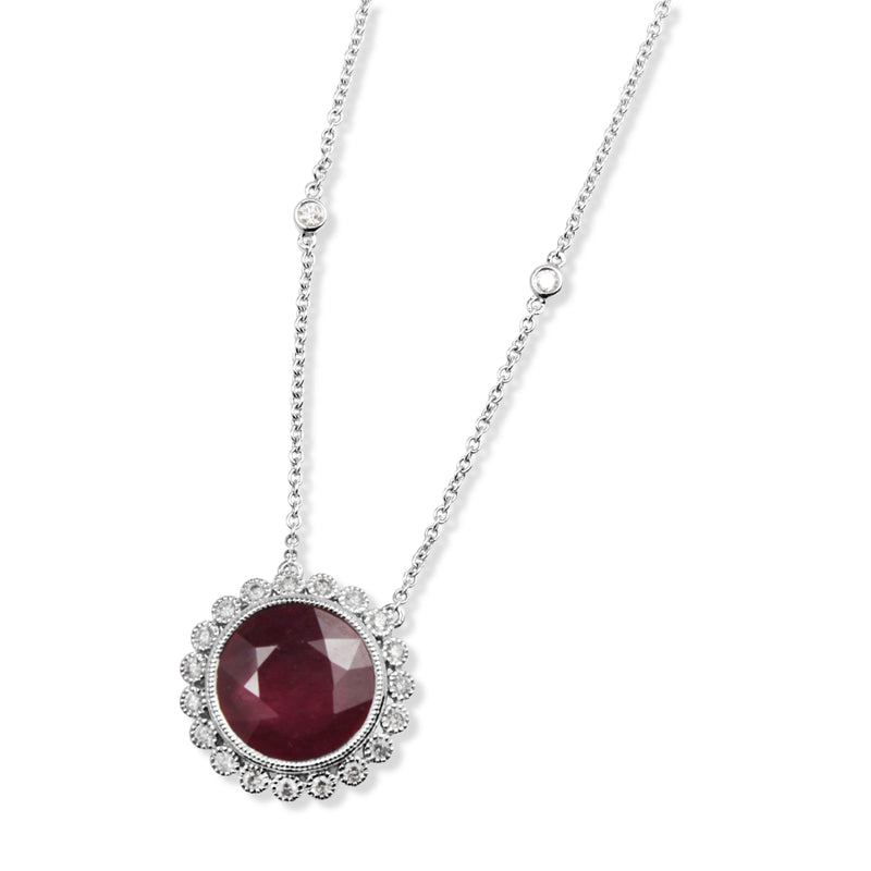 18ct White Gold Treated Ruby and Diamond Floral Necklace