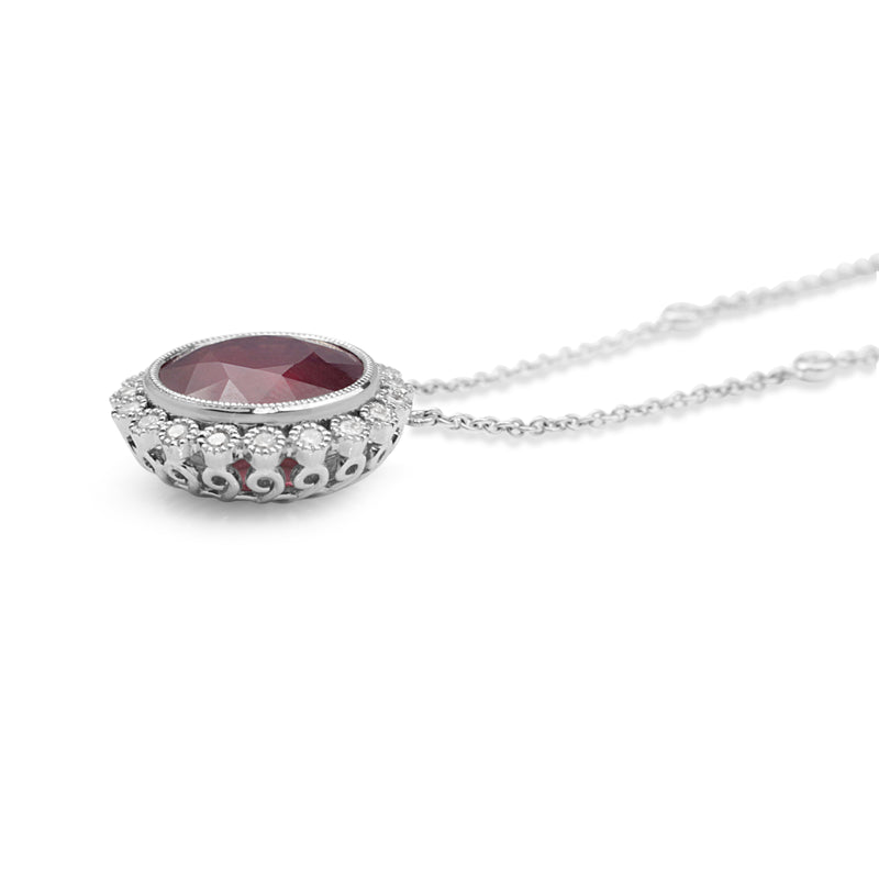 18ct White Gold Treated Ruby and Diamond Floral Necklace