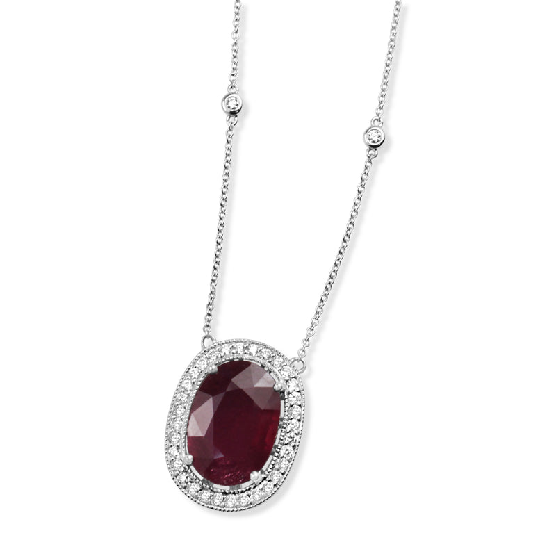 18ct White Gold Treated Ruby and Diamond Halo Necklace