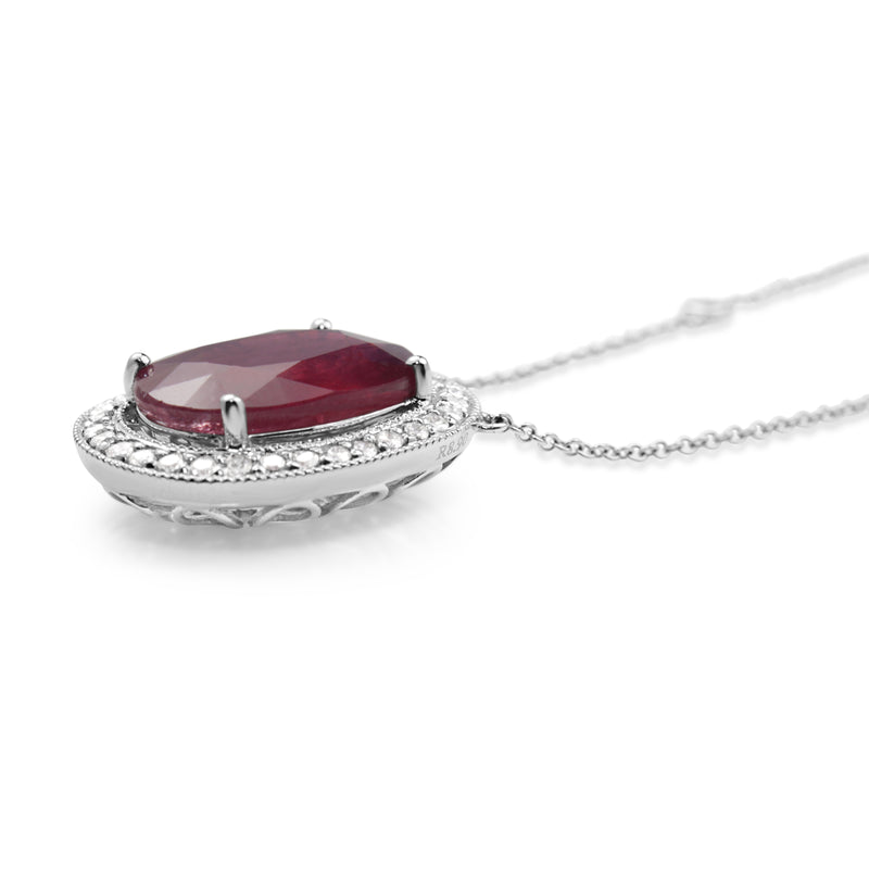 18ct White Gold Treated Ruby and Diamond Halo Necklace