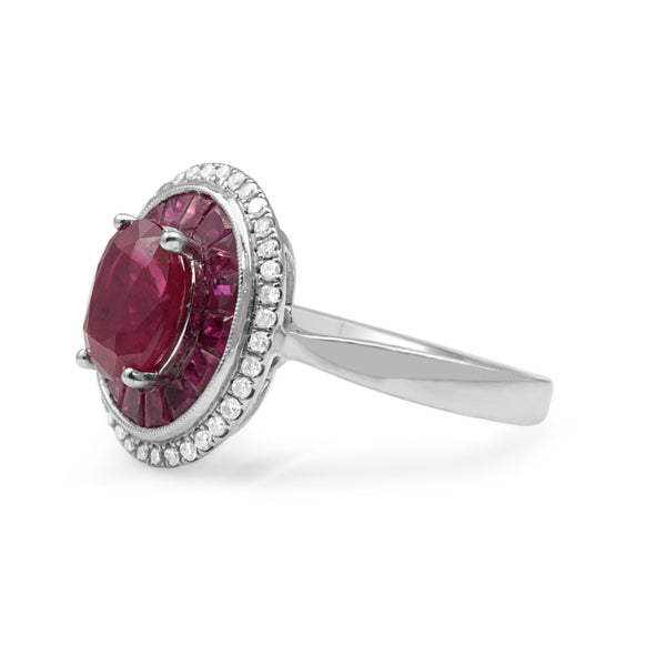 18ct White Gold Treated Ruby and Diamond Double Halo Ring