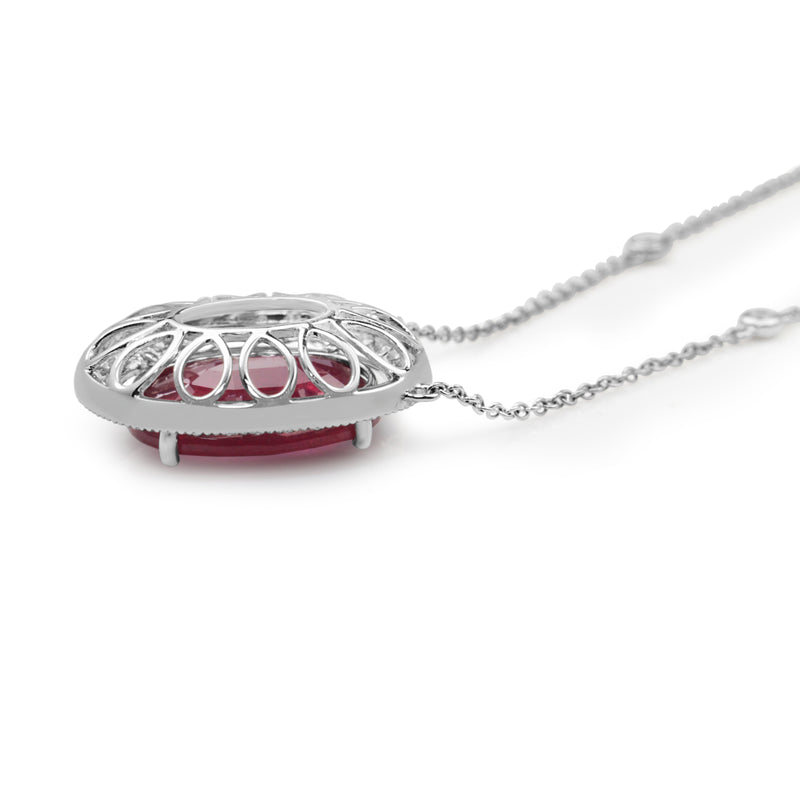 18ct White Gold Treated Ruby and Diamond Halo Necklace