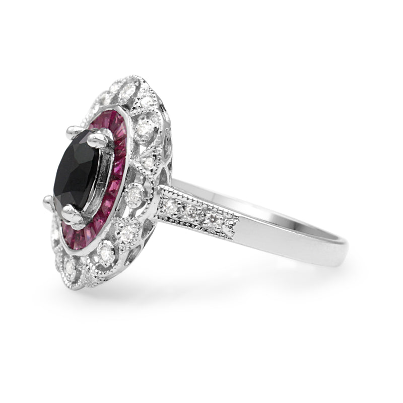 18ct White Gold Antique Style Ruby, Onyx and Diamond Ring