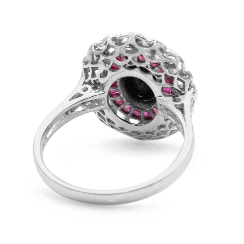 18ct White Gold Antique Style Ruby, Onyx and Diamond Ring