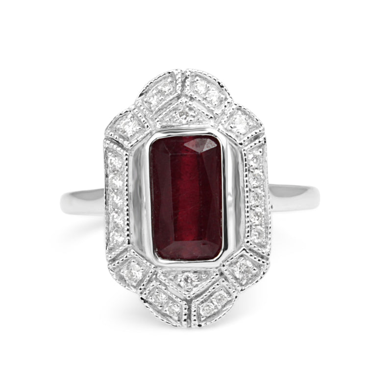 18ct White Gold Art Deco Style Treated Ruby and Diamond Ring