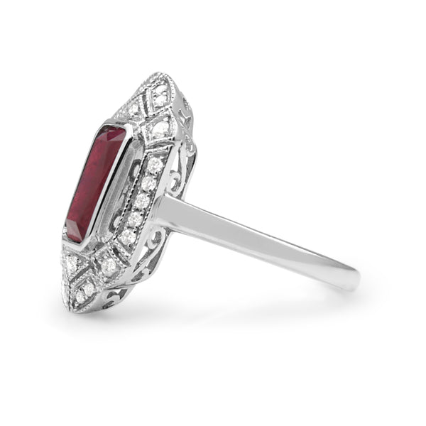 18ct White Gold Art Deco Style Treated Ruby and Diamond Ring