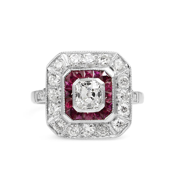 Platinum Art Deco Style Ruby and Diamond Ring