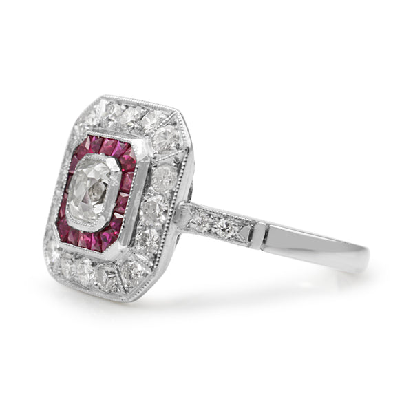 Platinum Art Deco Style Ruby and Diamond Ring