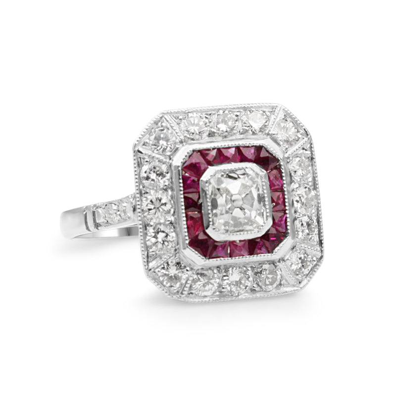 Platinum Art Deco Style Ruby and Diamond Ring