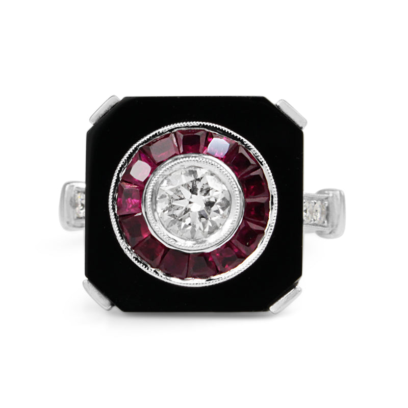 18ct White Gold Art Deco Style Onyx, Ruby and Diamond Ring