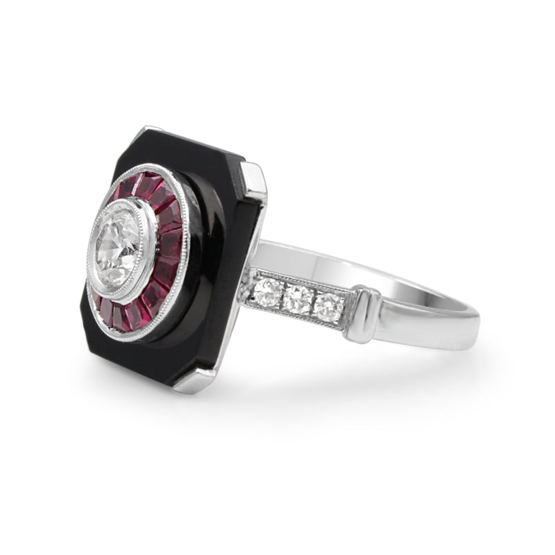 18ct White Gold Art Deco Style Onyx, Ruby and Diamond Ring