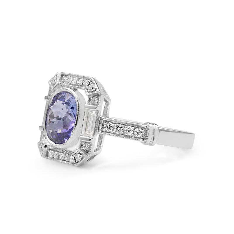 18ct White Gold Tanzanite and Diamond Deco Style Ring