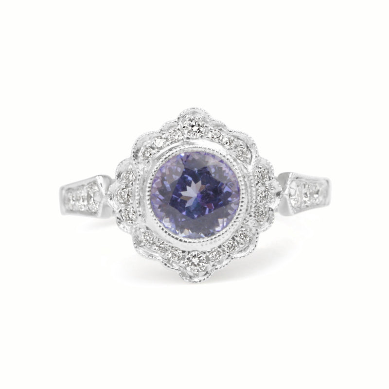 18ct White Gold Tanzanite and Diamond Daisy Style Ring