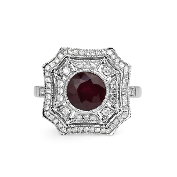 18ct White Gold Treated Ruby and Diamond Cluster Ring