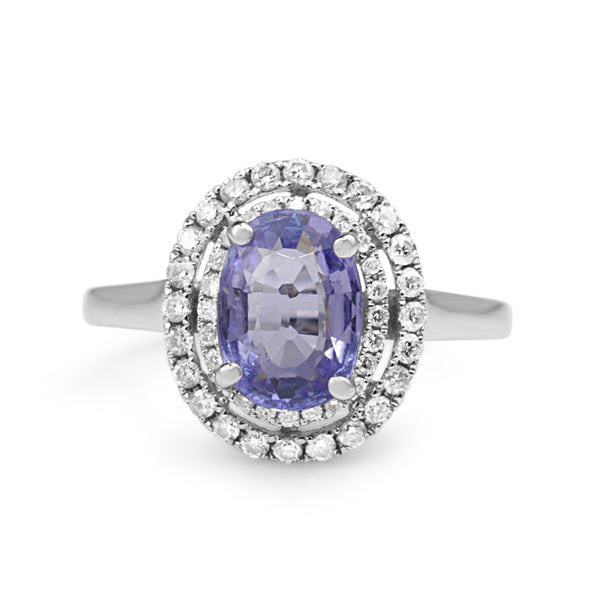 18ct White Gold Tanzanite and Double Halo Diamond Ring