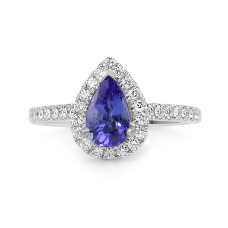 18ct White Gold Tanzanite and Diamond Pear Halo Ring