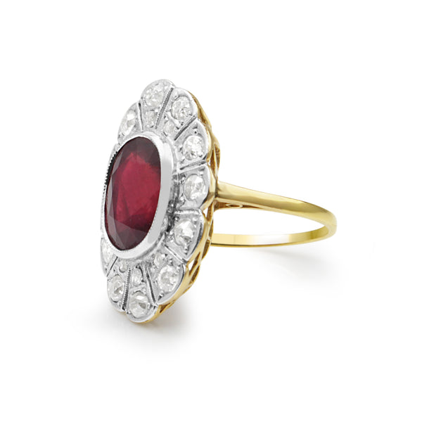 18ct Yellow Gold and Platinum Deco Treated Ruby and Diamond Ring