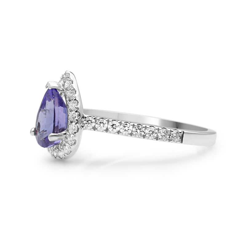 18ct White Gold Tanzanite and Diamond Pear Halo Ring