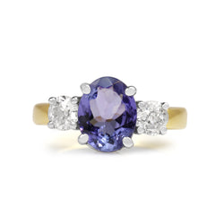 18ct Yellow and White Gold Tanzanite and Old Cut Diamond 3 Stone Ring
