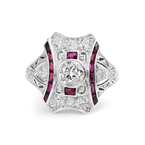 Platinum Art Deco Ruby and Diamond Ring