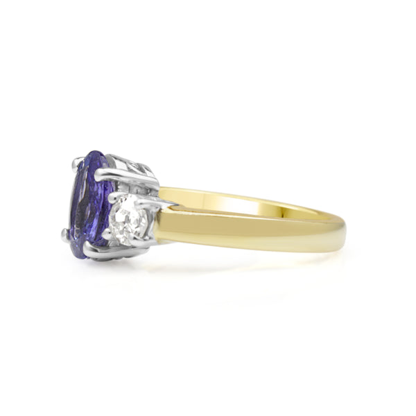 18ct Yellow and White Gold Tanzanite and Old Cut Diamond 3 Stone Ring